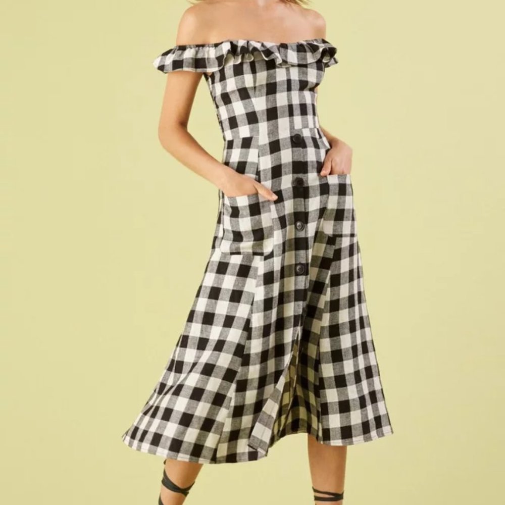 Reformation Hattie Off-the-Shoulder Linen Dress in Gingham Size 6